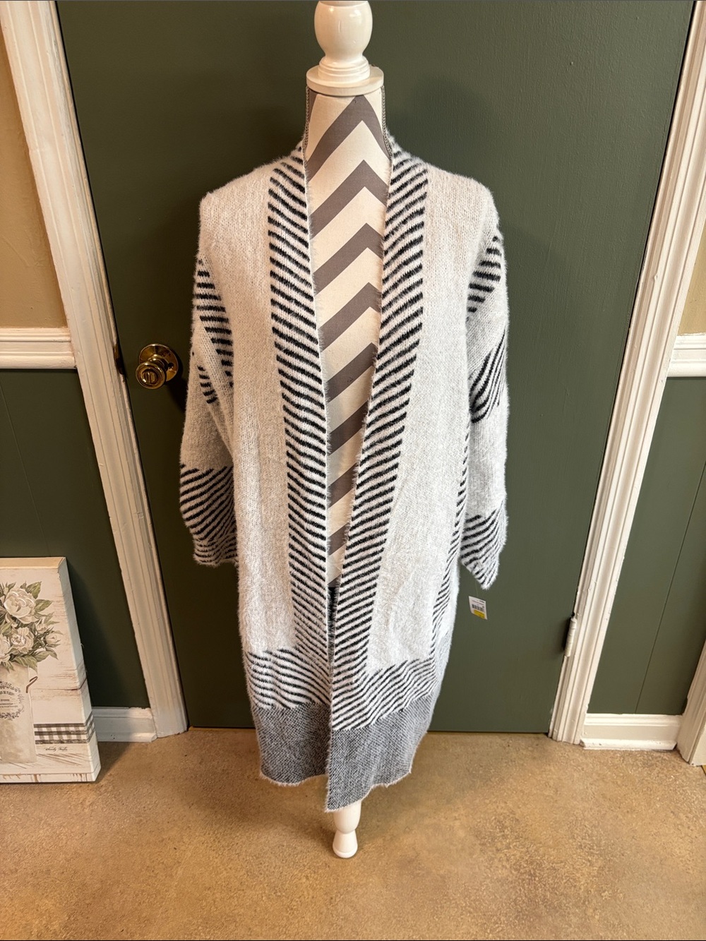 Cozy Open-Front Gray & White Striped Duster Cardigan